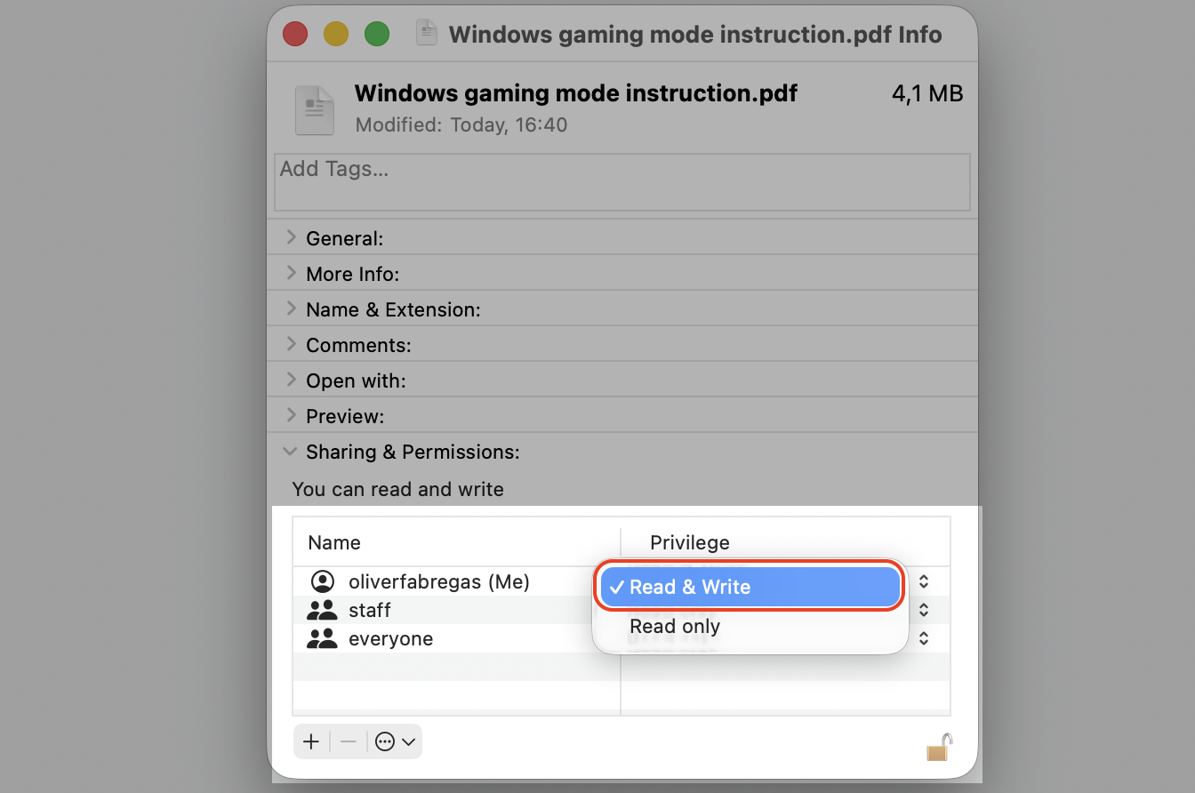 Get Info Sharing & Permissions on an Apple computer setting your account privilege to Read & Write to clear the permission block.