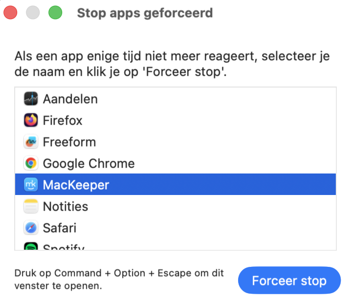 Nadat je de betreffende toetsen op je toetsenbord hebt ingedrukt, kun je in het pop-upmenu de app selecteren die je wilt forceren te stoppen. Dit zou je Mac weer moeten laten reageren als een app vastloopt of je laptop niet meer reageert.