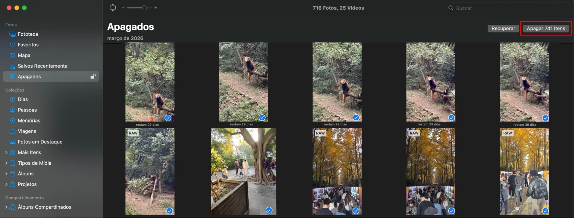 Para excluir todas as fotos no seu Mac, vá para Apagados no painel à esquerda. Selecione e clique em Apagar X Itens no canto superior direito da janela e, em seguida, em Apagar para confirmar.