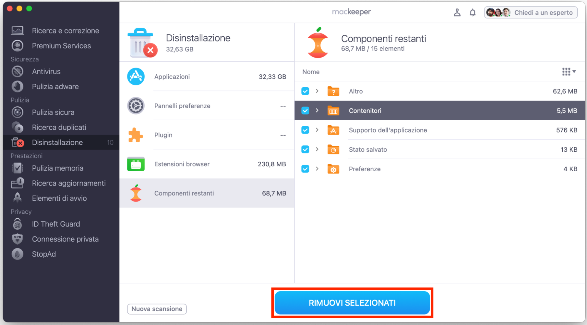 In MacKeeper è selezionato lo strumento Disinstallazione, che mostra il metodo di rimozione automatica dei file nascosti dell’app.