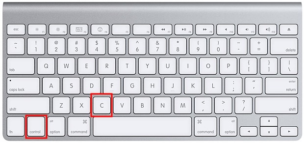 Apple keyboard with the Control and C keys highlighted, the shortcut to stop any running command in Terminal before restarting.