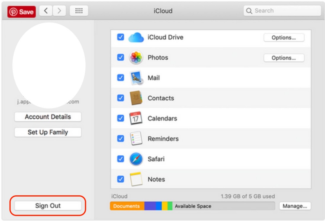 The iCloud menu inside System Preferences on Mac. Sign out of your accounts to avoid potential activation issues before you reset Mac OS X El Capitan.