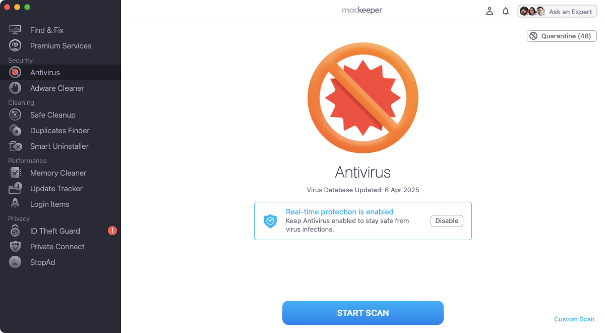 Download MacKeeper, install, and run it, then select the Antivirus tool. Click the 'Start Scan' button, and the app will search your Mac for malware.