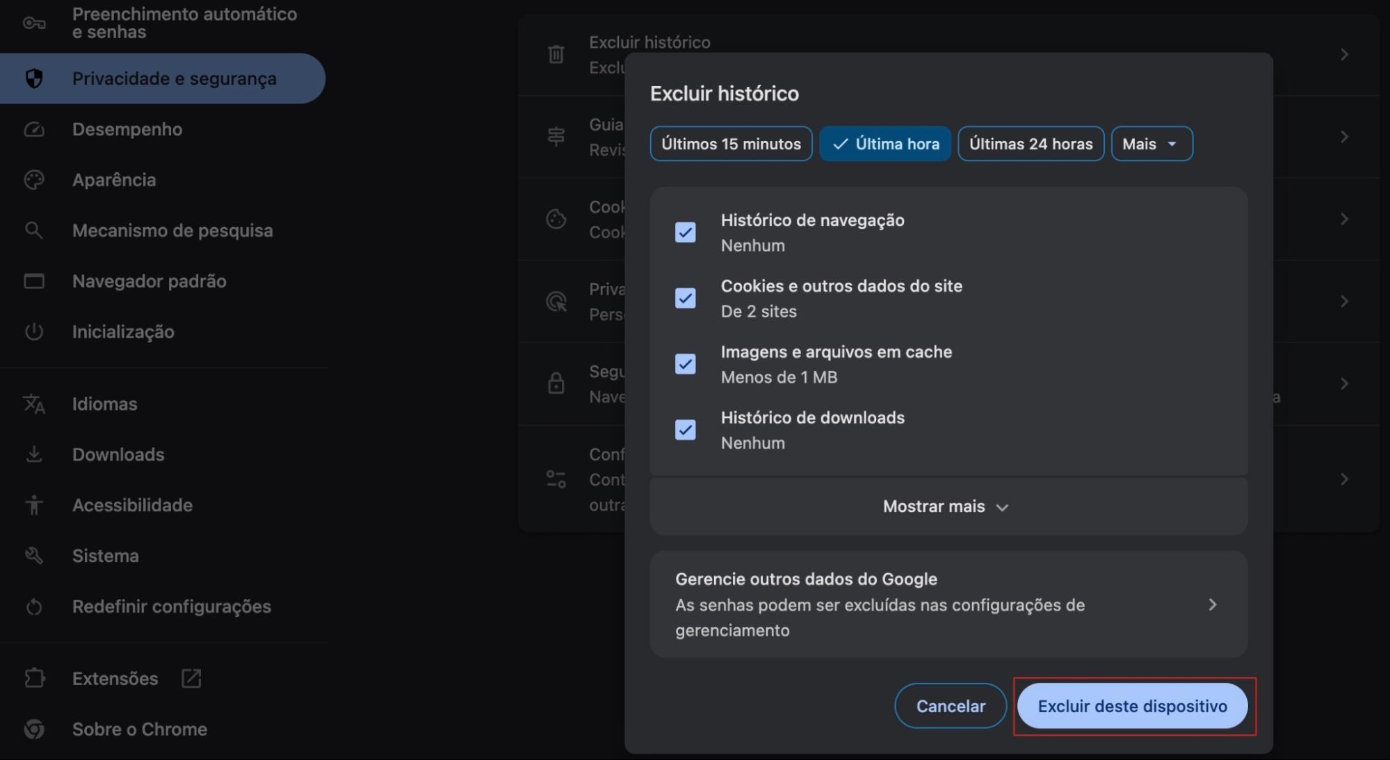 O Chrome no Mac mostra o menu Limpar dados de navegação. Selecione os arquivos que deseja excluir e clique em Excluir deste dispositivo.