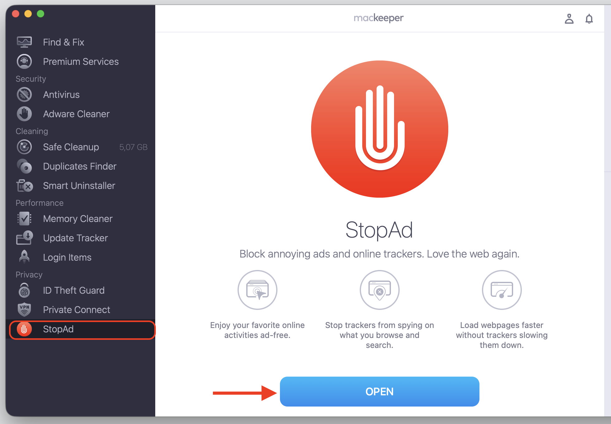 The MacKeeper StopAd popover open in Safari on a MacBook, showing the ‘You’re not protected’ panel with the Block on this website toggle.