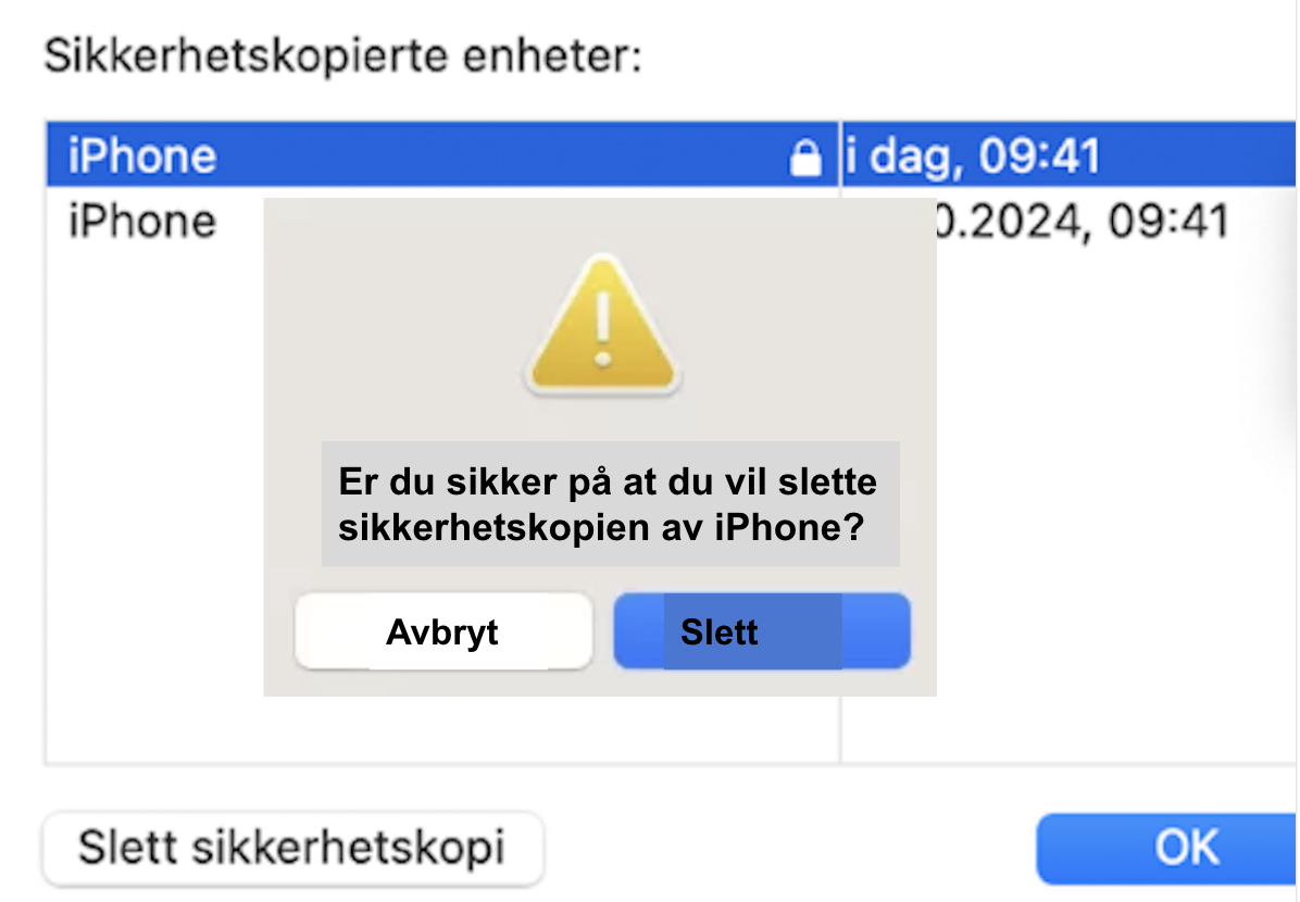 I popup-vinduet, velg den aktuelle iOS-sikkerhetskopien og klikk på knappen Slett sikkerhetskopi
