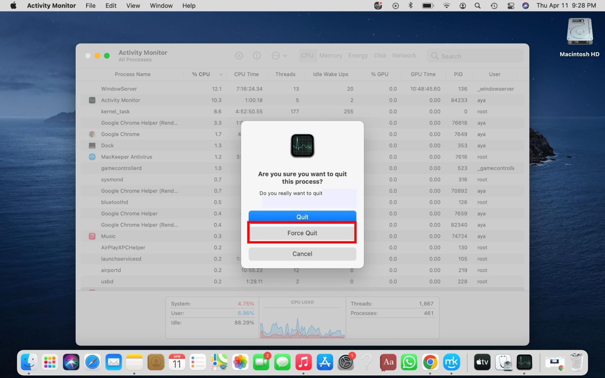 Activity Monitor is open on a Mac. Select Chronod from the list and choose either Quit or Force Quit to close the Chronod process on a Mac.