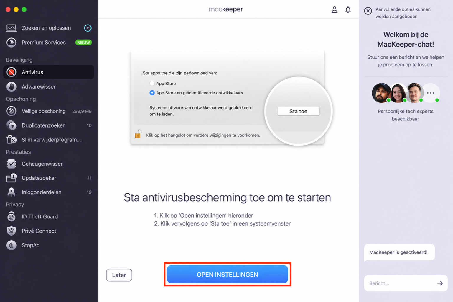 De Antivirus-tool in MacKeeper voor Mac. Klik op Voorkeuren openen om de installatie voort te zetten en MacKeeper toestemming te geven.