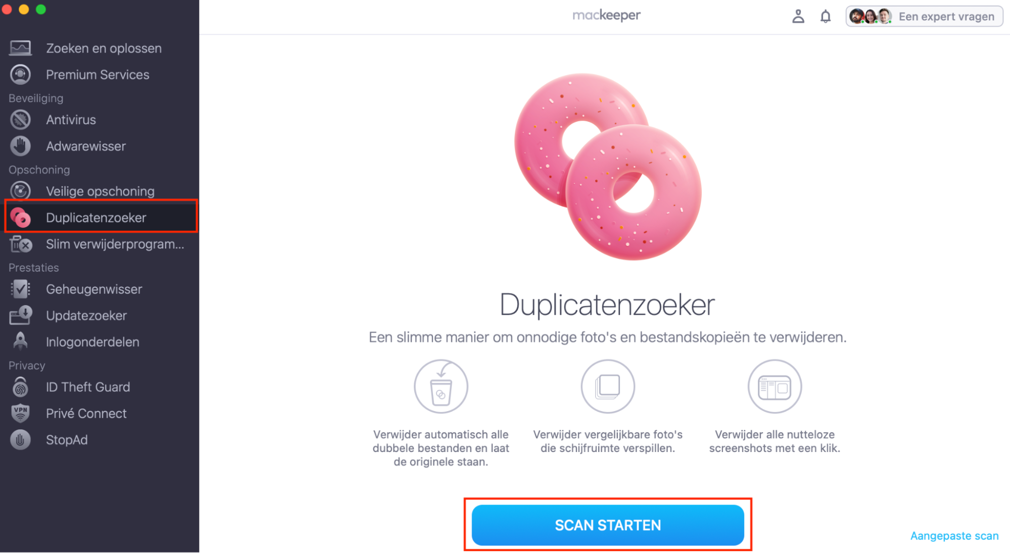 Om dubbele foto’s op je Mac te verwijderen, open je de MacKeeper-app en selecteer je Duplicatenzoeker in het zijmenu. Klik vervolgens op Start scan om alle dubbele bestanden op je Mac te vinden.