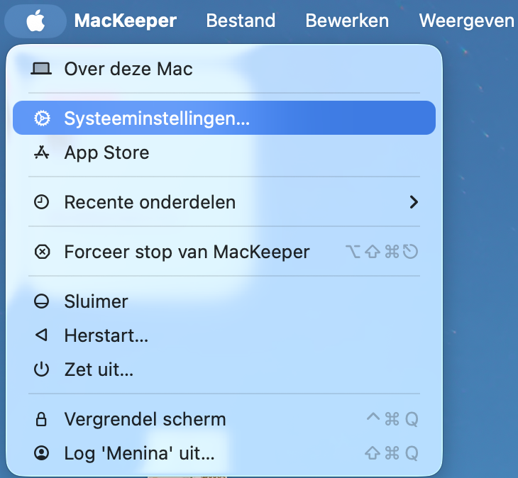 Om Safari op je Mac bij te werken, kies je Systeeminstellingen in het Apple-menu.