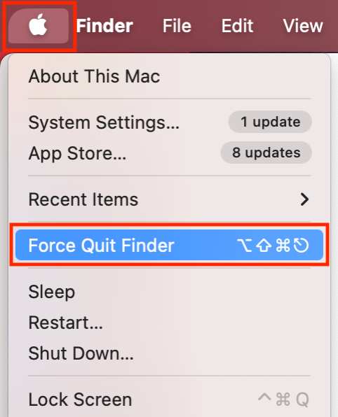 To turn off Finder and solve any performance issues, go to the Apple menu on your Mac and select Force Quit Finder to open the Force Quit Applications panel.