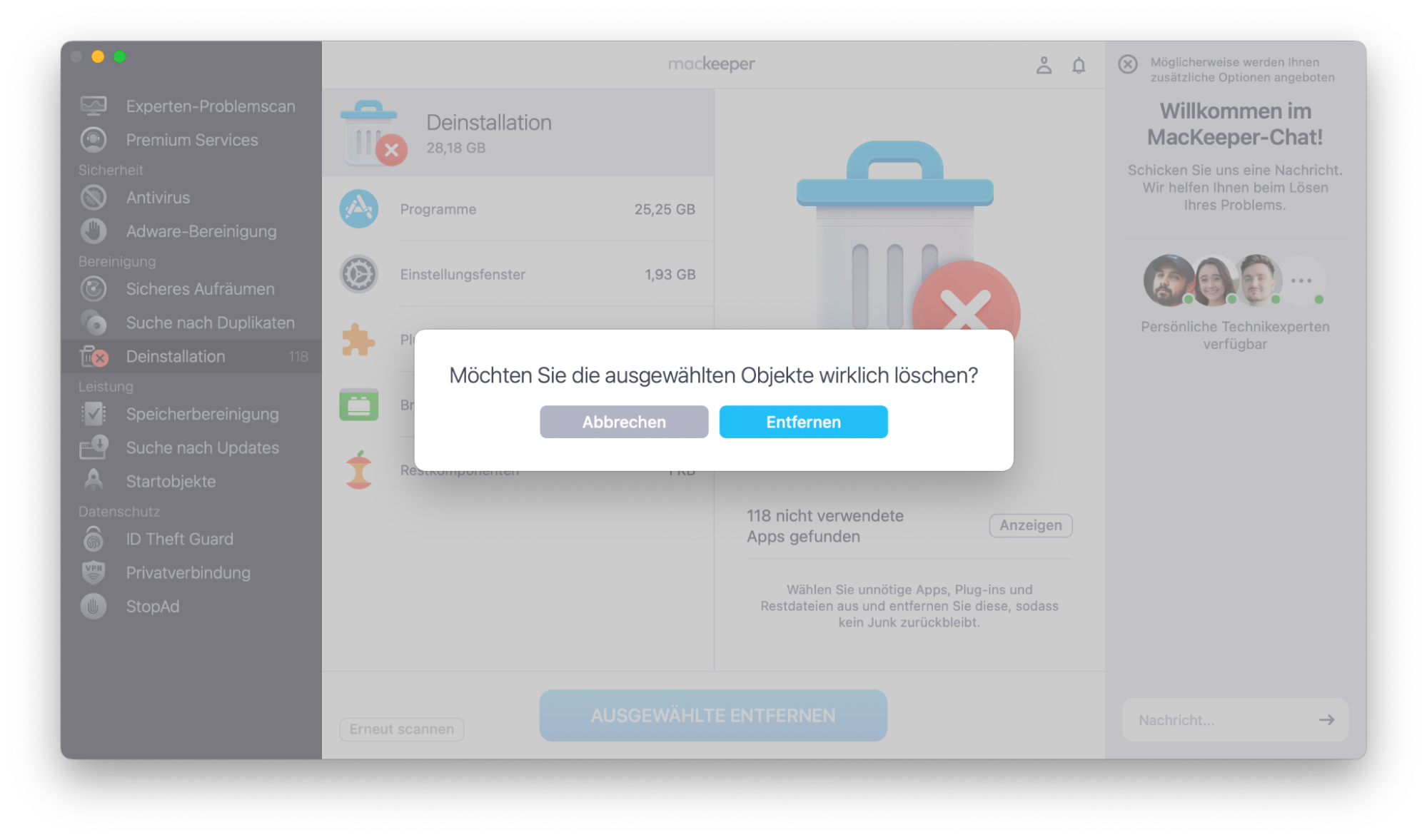 Deinstallation von MacKeeper. Anwendungen werden angezeigt und Ausgewählte entfernen ist hervorgehoben. So entfernen Sie Apps, als Teil einer Anleitung, wie man gefälschte McAfee-Pop-ups auf dem Mac blockieren kann.