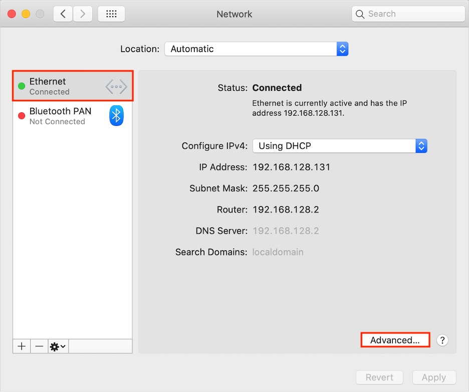 To resolve proxy conflicts with your Mac’s privacy preferences, click Network, select your Ethernet network, and click the Advanced button.
