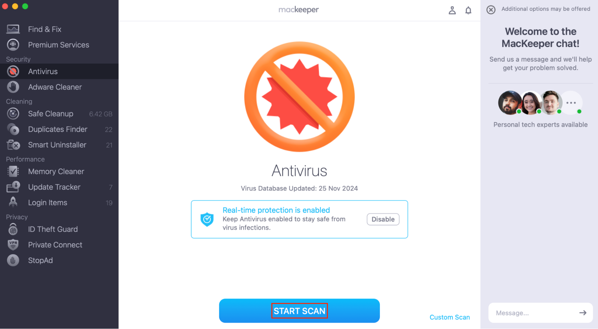 Check for malware by clicking Start Scan in MacKeeper's Antivirus. Check for malware by clicking Start Scan in MacKeeper's Antivirus.