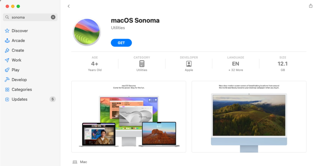 In case the version of macOS in your System Settings is not macOS Sonoma, you can always look for the software via the App Store on your Mac or Apple device. Open the app and in the search bar type in Sonoma. Click Get and allow for the download to install. You may need to follow some on screen isnctuiosn to ensure you update to macOS Sonoma correctly and safely.