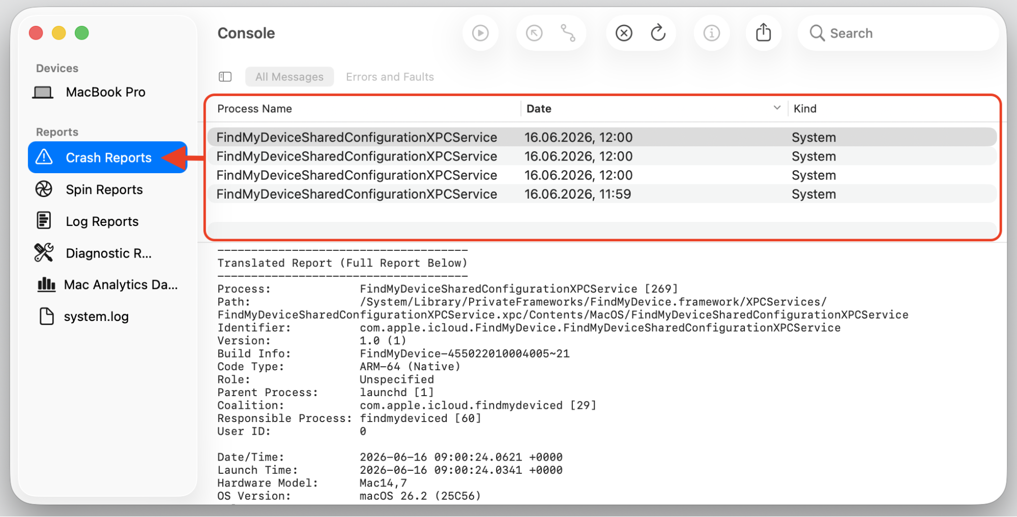 Console app on macOS 26.2 with Crash Reports chosen in the left sidebar, listing the repeating process behind ReportCrash high CPU.