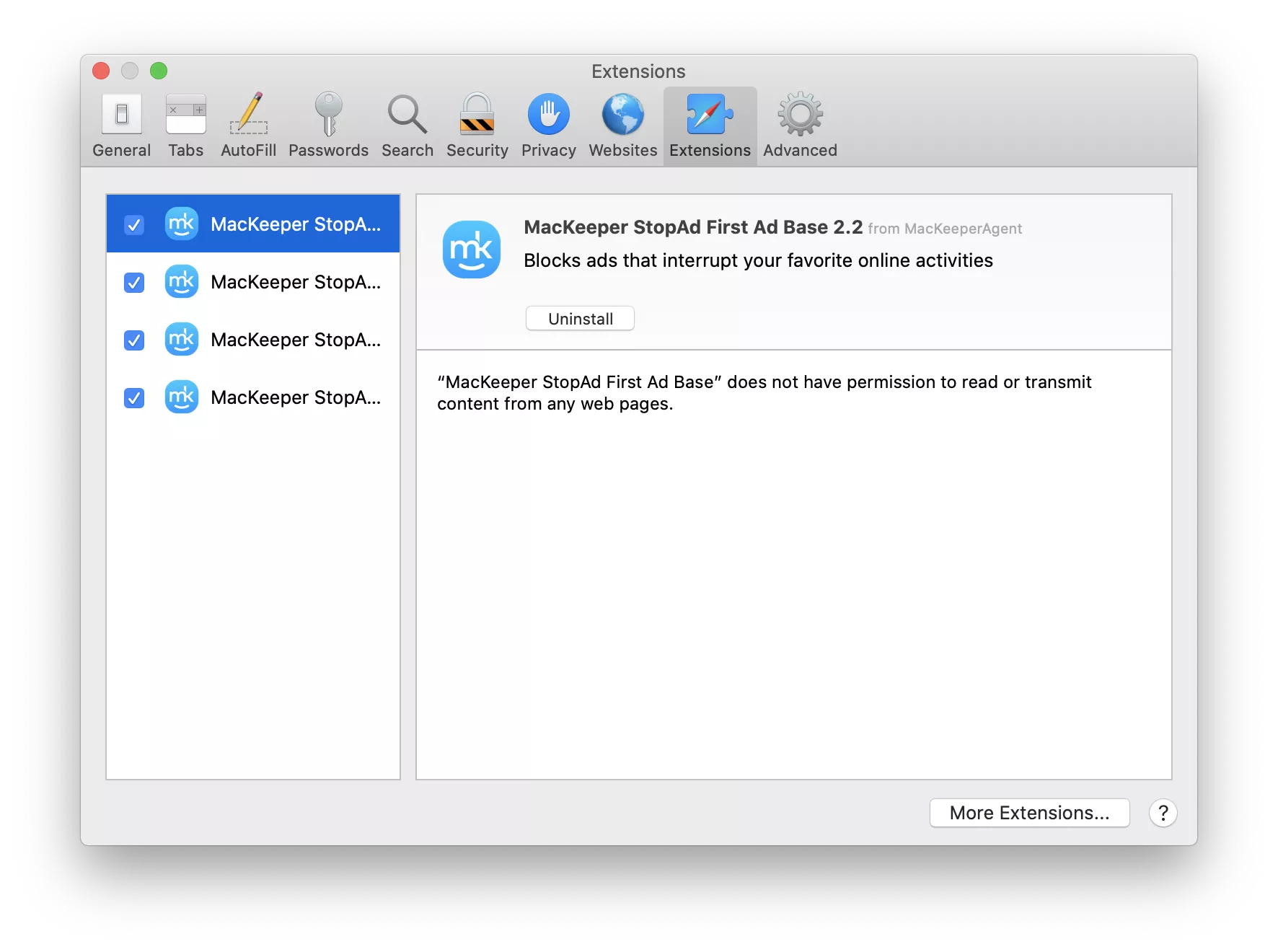 Use MacKeeper’s Stop ad to block online threats in your browser. Check every box next to each MacKeeper entry in the sidebar in Safari Preferences.