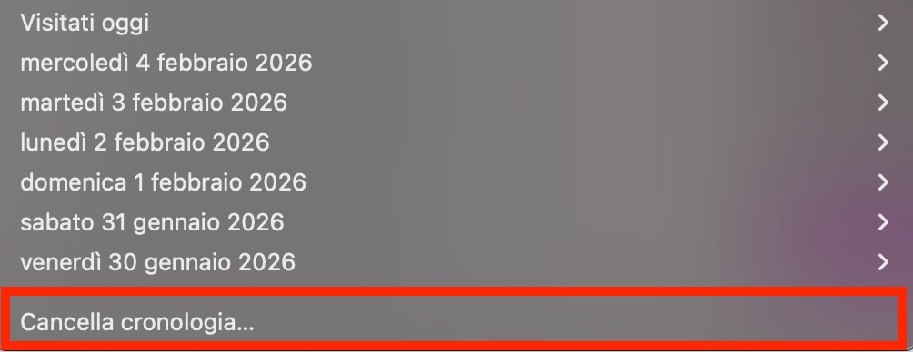 Per cancellare la cronologia di Safari, apri l’app Safari e clicca su Cronologia > Cancella cronologia.