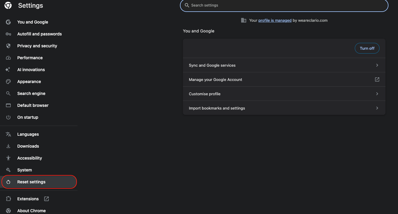 The Chrome Settings page on macOS with Reset settings selected in the sidebar to restore defaults and stop Chrome crashing.