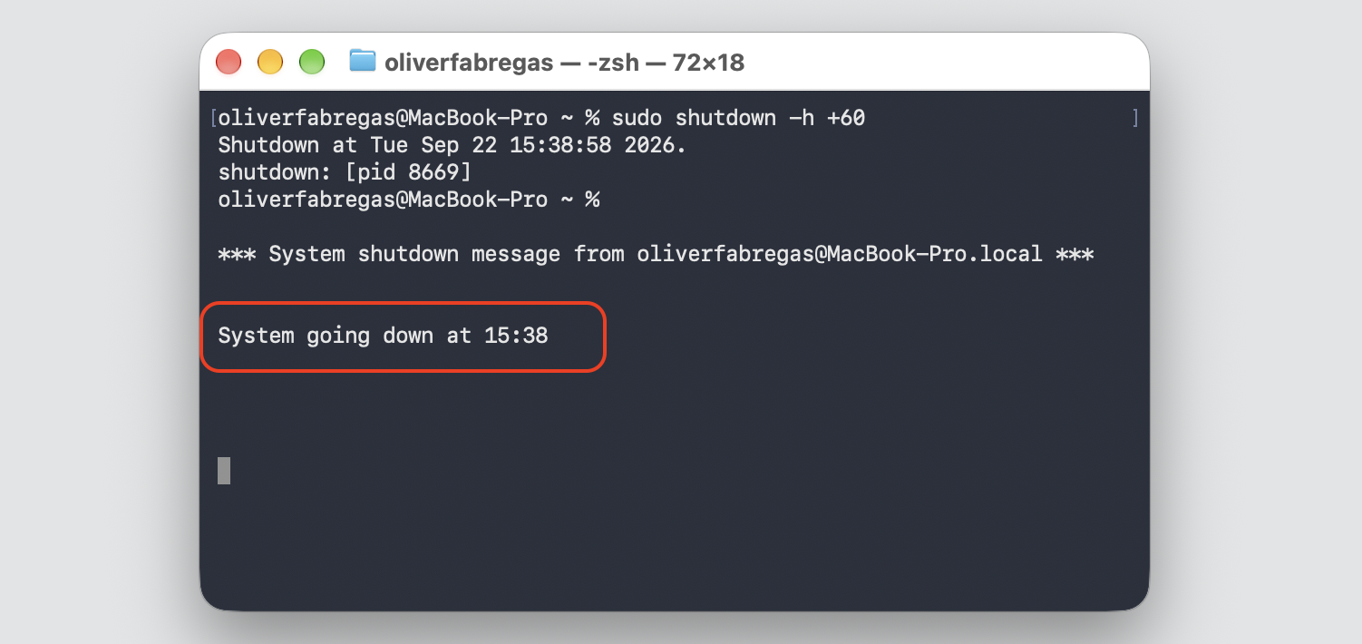 Terminal on macOS confirming the shutdown countdown, with the System going down at 15:38 message highlighted after the sudo shutdown command.