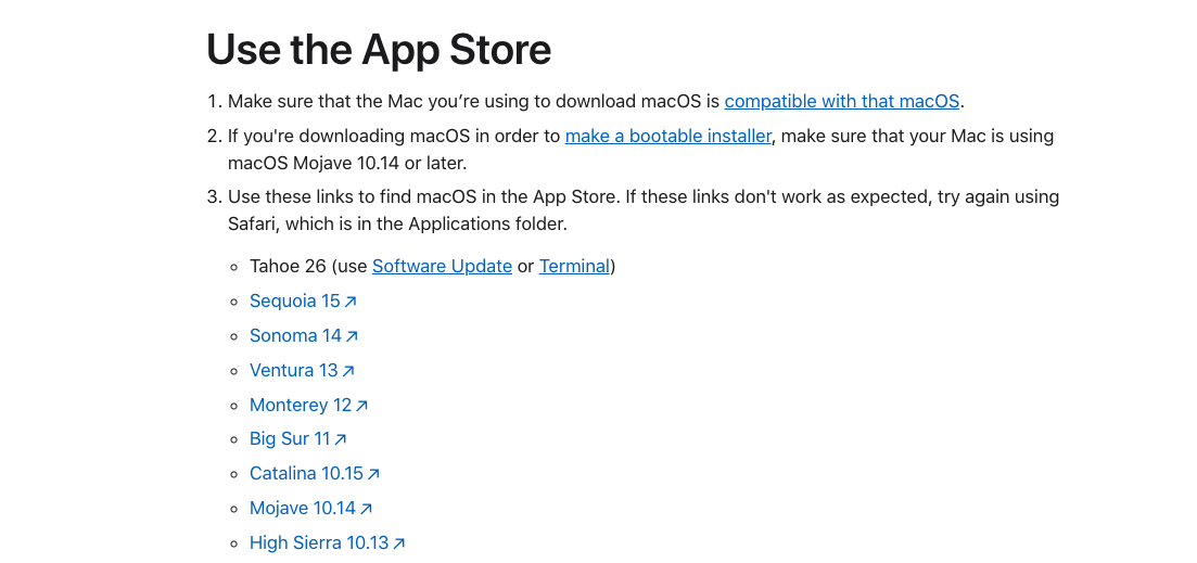 Apple Support Use the App Store page for Mac listing download links for macOS Ventura and other versions supported by your Mac.