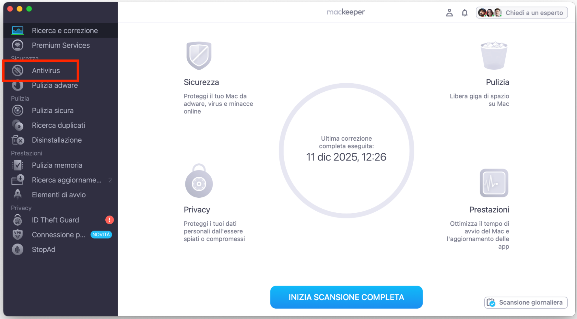 L'antivirus di MacKeeper eseguirà la scansione del tuo Mac per trovare malware, inclusi i trojan. Apri MacKeeper e fai clic sull'opzione Antivirus nella barra laterale.