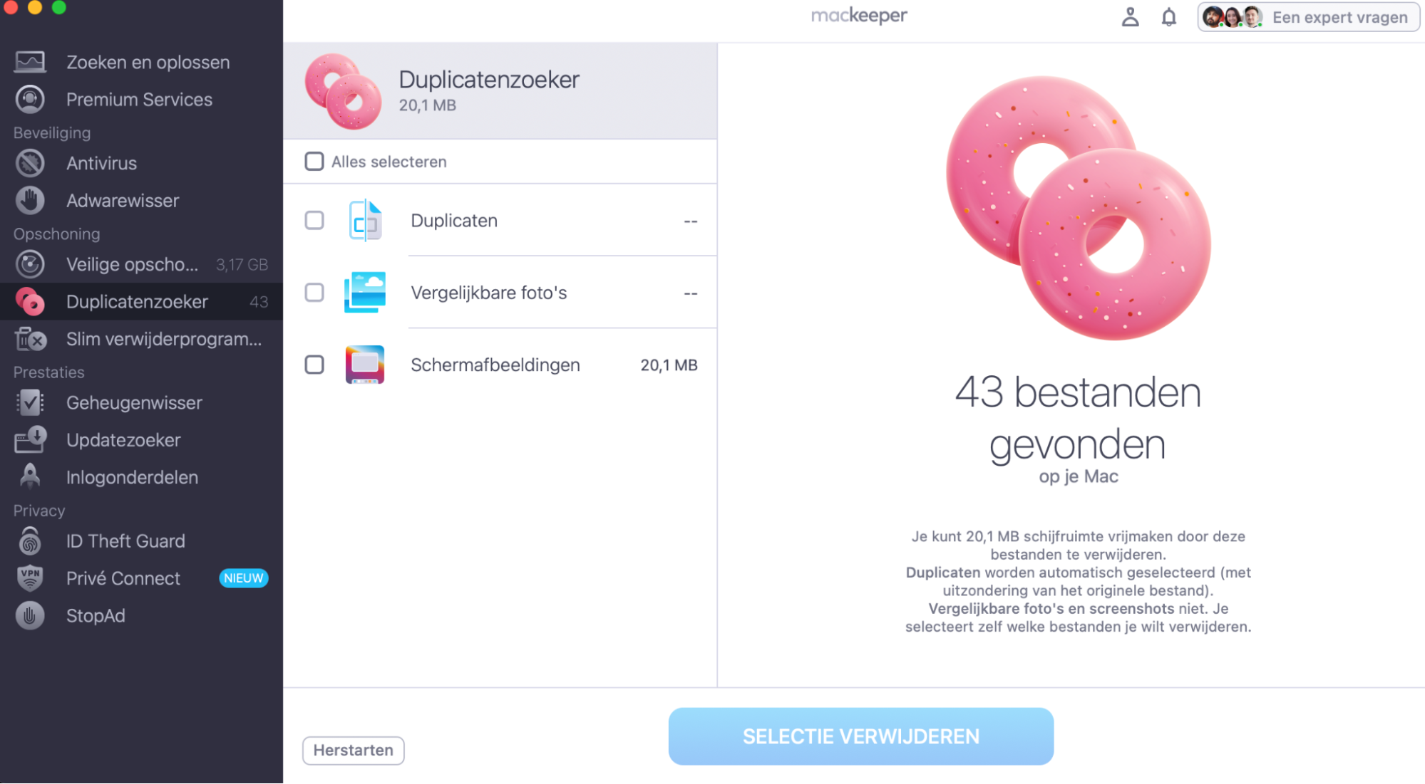 MacKeeper op de Mac toont het hulpprogramma Duplicatenzoeker. Scan je Mac op dubbele en bijna dubbele bestanden, selecteer de bestanden die je wilt verwijderen en klik op Geselecteerde items verwijderen.