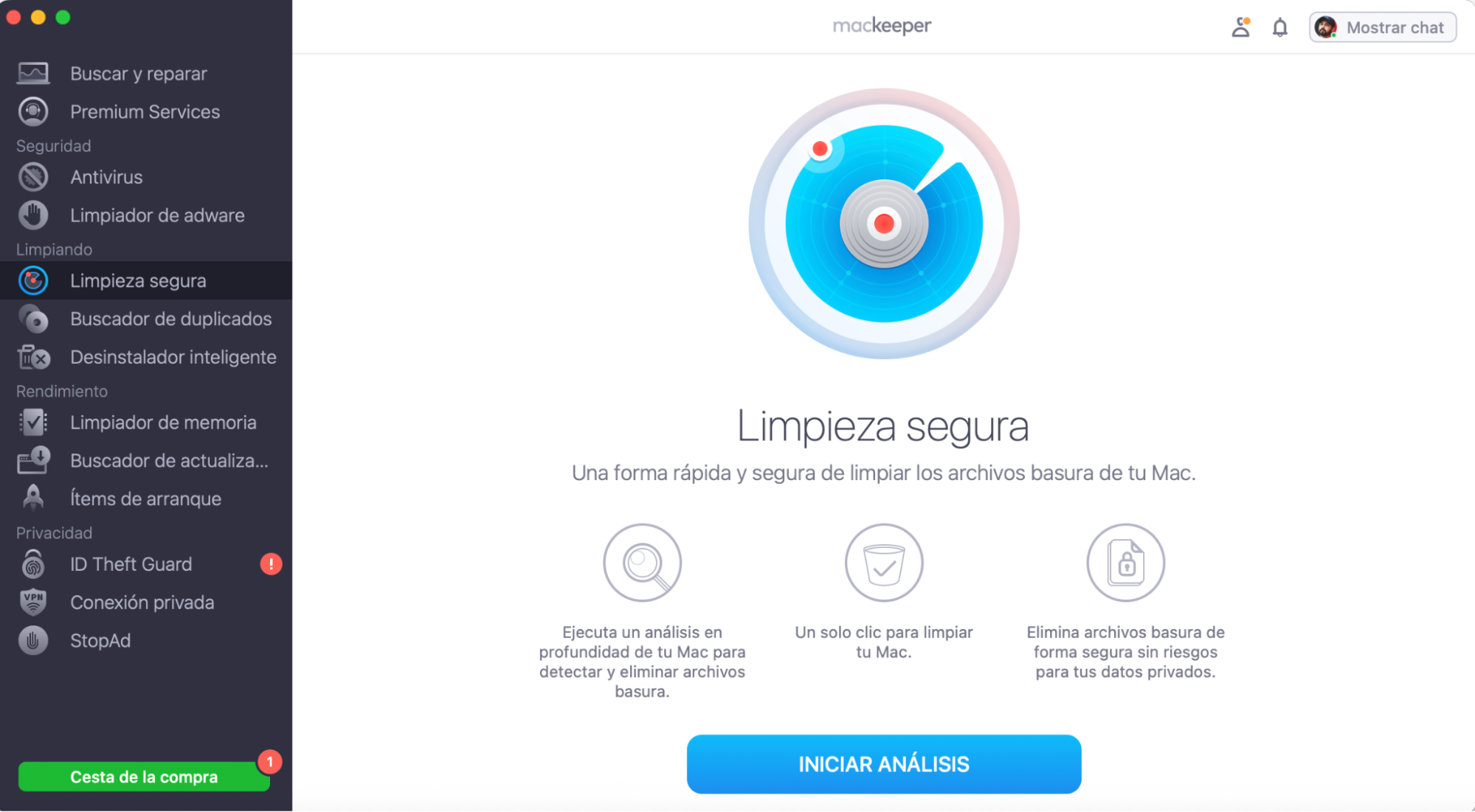 Para usar MacKeeper y eliminar las cookies y la caché del navegador de tu Mac, simplemente abre MacKeeper, selecciona Limpieza Segura en la barra lateral y haz clic en Iniciar análisis.
