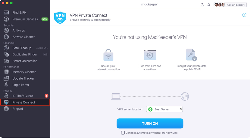 To protect yourself from spyware, launch MacKeeper and select Private Connect from the sidebar. Select the preferred server location or use the default one and click Turn On.