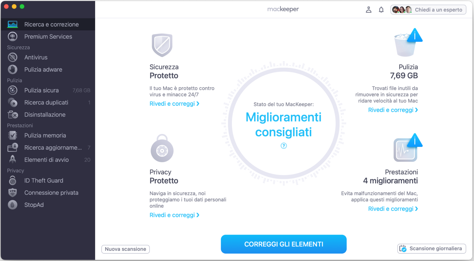 Dopo la scansione, l'app mostrerà l'elenco dei problemi da risolvere sul tuo Mac. Clicca Correggi gli elementi per un miglioramento rapido, oppure puoi farlo uno alla volta cliccando Rivedi e correggi.