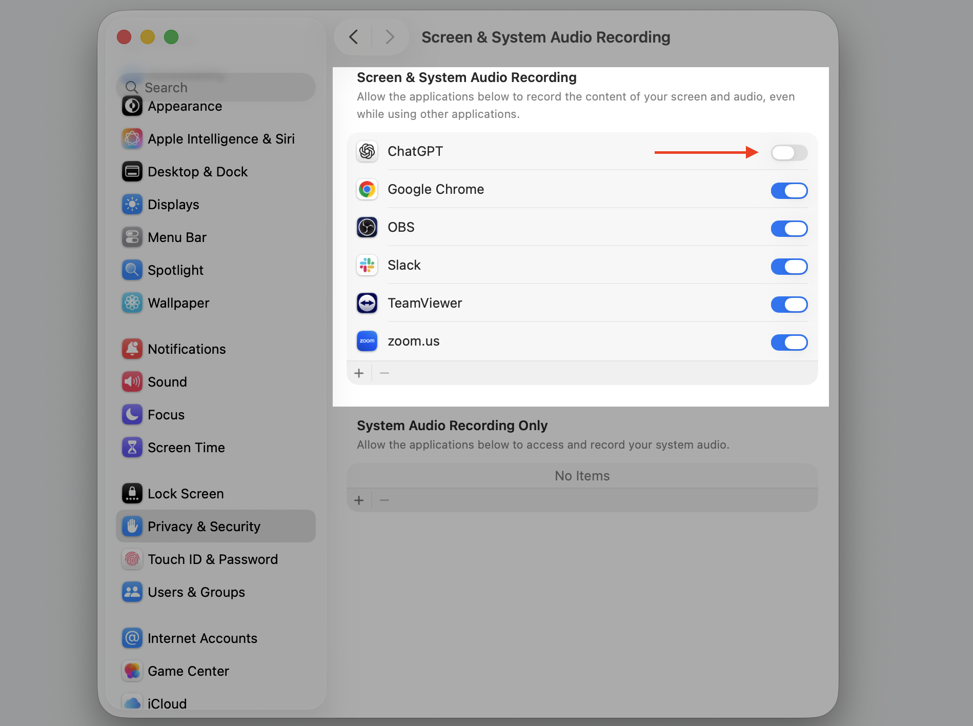 Screen & System Audio Recording pane in macOS System Settings on an Apple computer, with the toggle beside ChatGPT switched off.