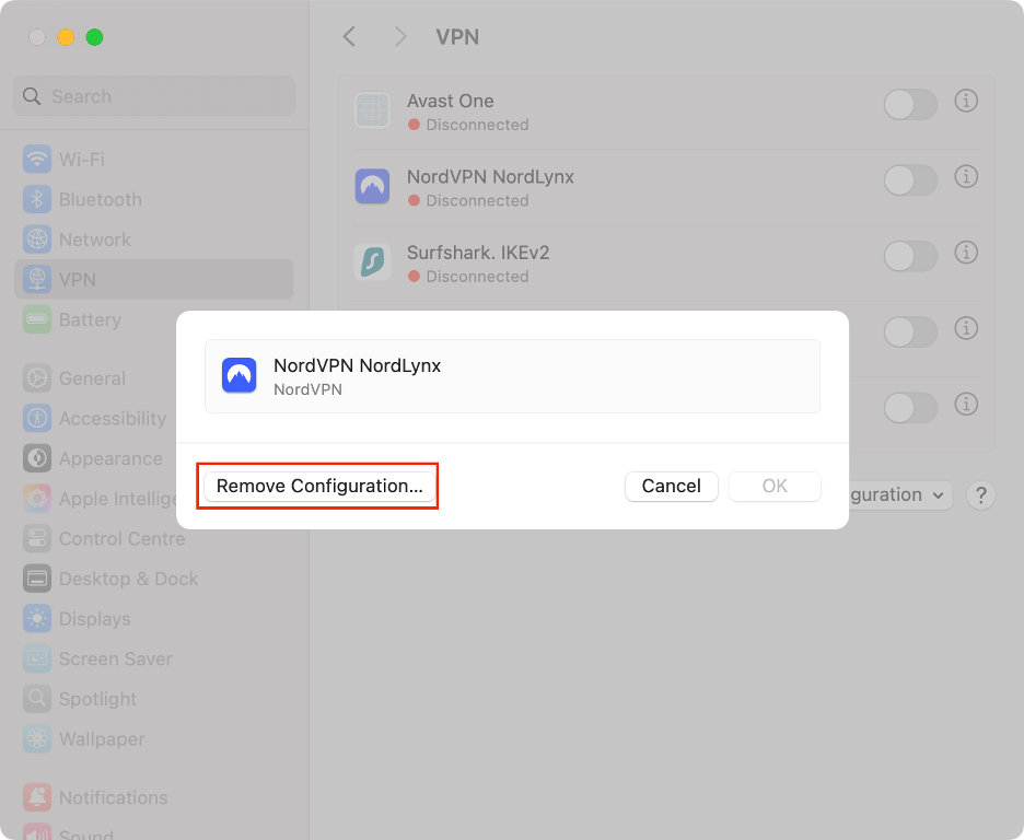 To resolve VPN conflicts with your macOS privacy preferences settings, click Remove Configuration, then click Remove to confirm.