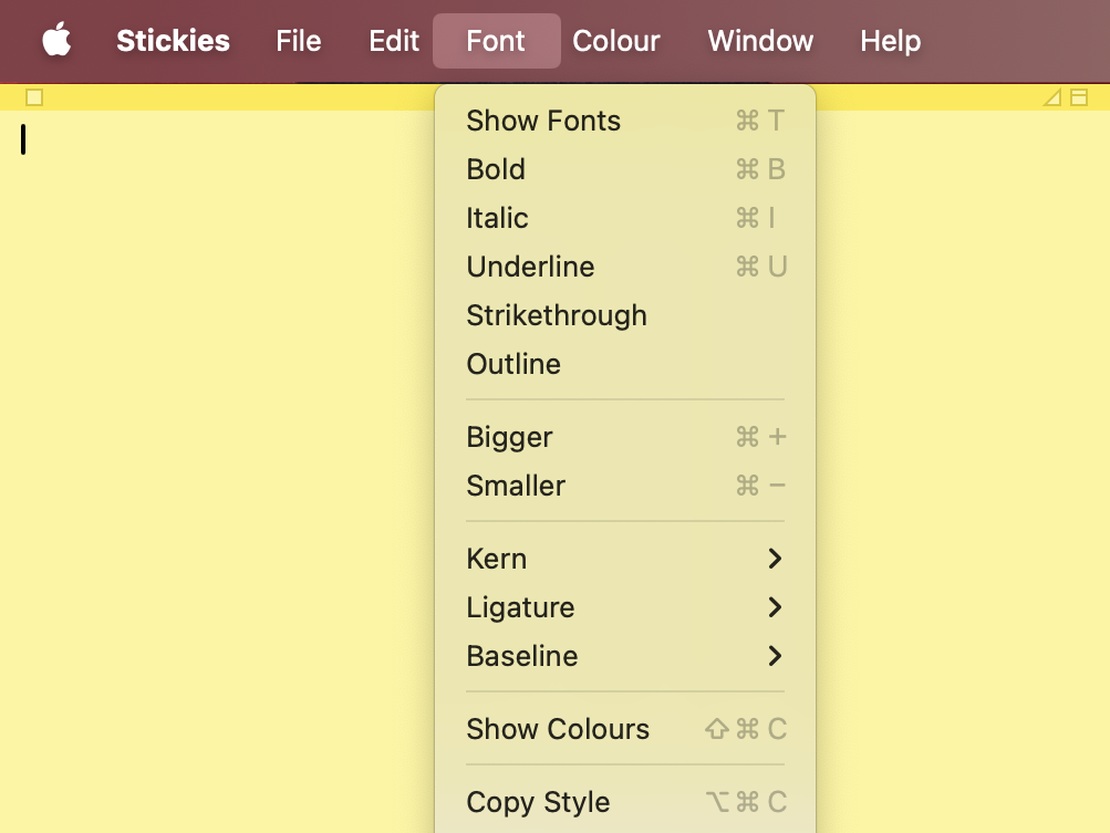 To edit your note's text, go to Font to access all font settings, including type, color, size, and formatting.