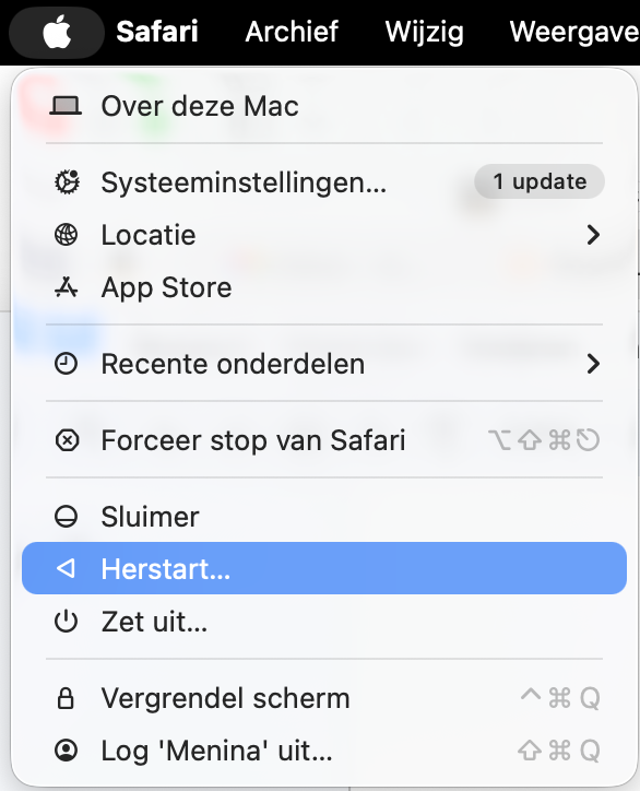 Het Apple-menu op de Mac, met ‘Herstart’ gemarkeerd. Onderdeel van instructies om een probleem met een haperend MacBook-scherm op te lossen.