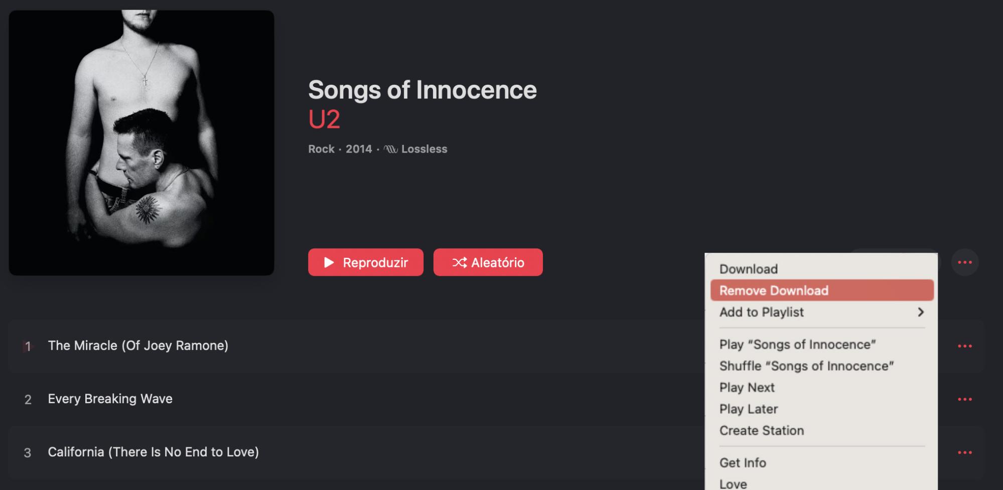 No menu suspenso dos três pontos, selecione a opção Remover Download para começar a excluir as faixas.