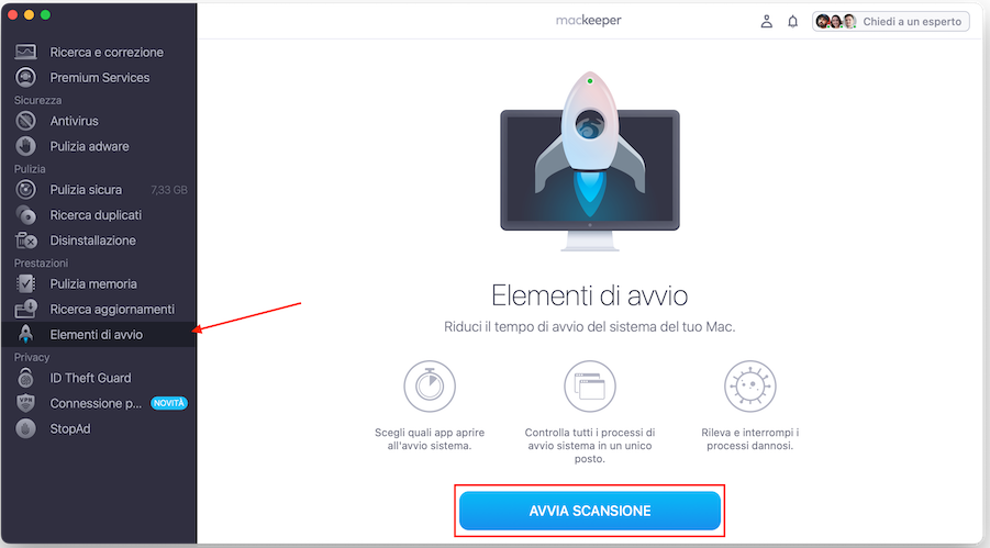 Lo strumento Elementi di Avvio di MacKeeper su Mac. Puoi utilizzare questa utility per individuare ed eliminare gli elementi di avvio che non ti servono sul Mac.