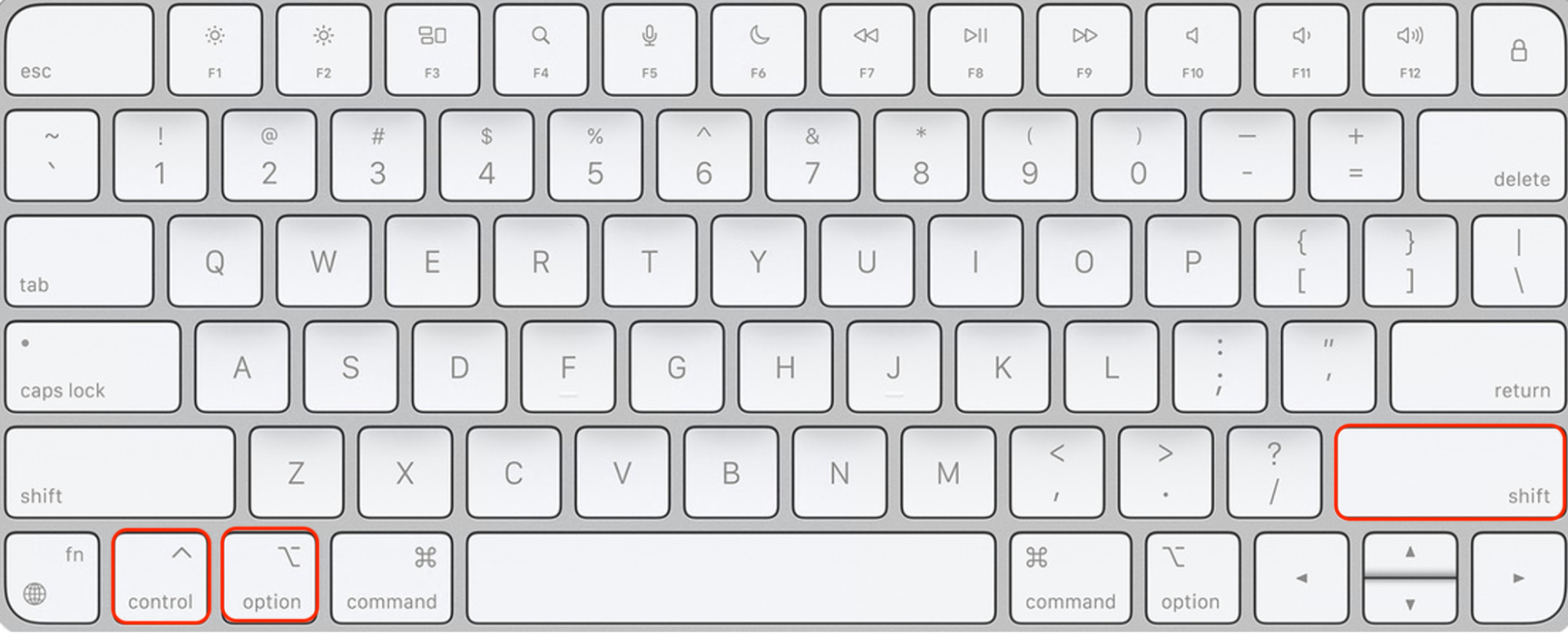 Um den SMC auf einem Mac Monterey zurückzusetzen, suchen Sie die entsprechenden Tasten, die Sie auf einem Intel MacBook mit Apple T2-Chip drücken müssen. Halten Sie die Tasten Control + Option auf der linken Seite Ihrer Mac-Tastatur und die Shift-Taste auf der rechten Seite der Tastatur 7 Sekunden lang gedrückt.