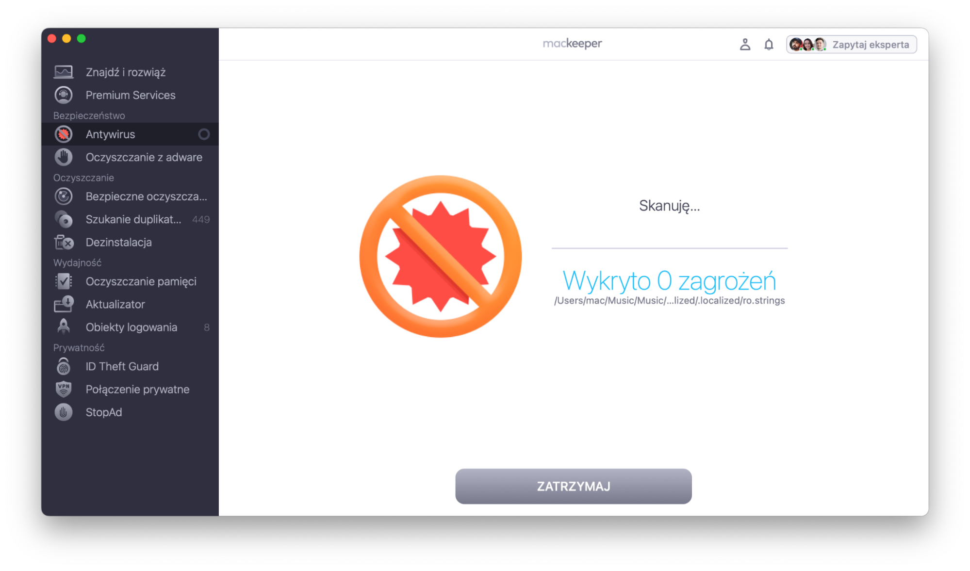 Okno Antywirus MacKeeper pokazuje postęp skanowania Maca. Poczekaj, aż aplikacja zakończy skanowanie.