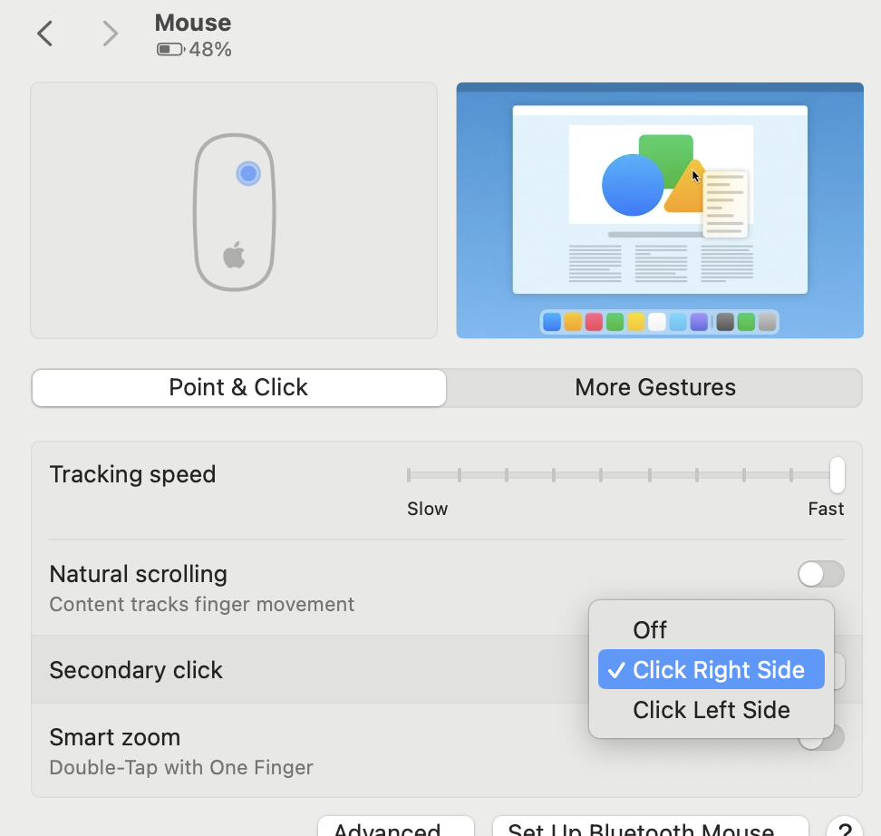Dans les paramètres de la souris de votre Mac, assurez-vous que Clic droit est sélectionné dans la section intitulée Clic secondaire. Dans les paramètres de la souris de votre Mac, assurez-vous que Clic droit est sélectionné dans la section intitulée Clic secondaire.