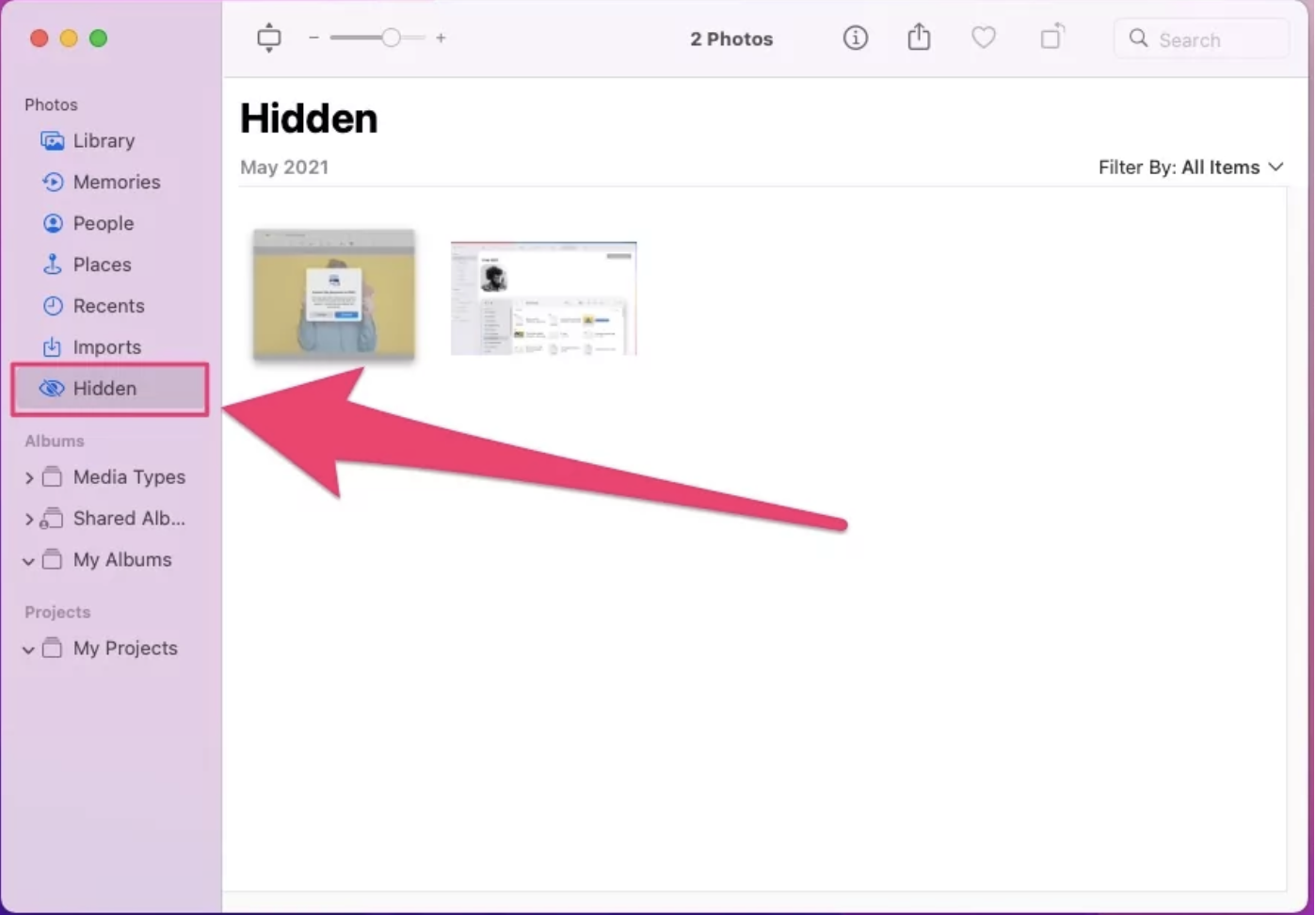 This will then bring up your Hidden album, filled with images that have been kept here. To open this album you may be asked to verify with Touch ID or your Admin password.