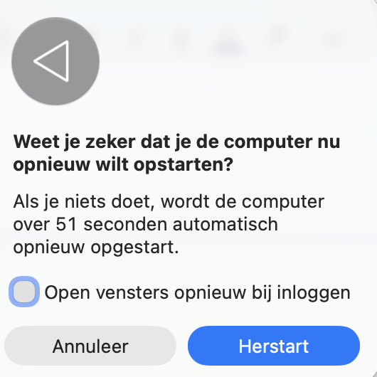 Zodra je Herstart hebt geselecteerd, zorg je ervoor dat Open vensters opnieuw is uitgevinkt. Deze actie zorgt ervoor dat niet-reagerende apps worden afgesloten en opnieuw worden gestart, wat kan helpen om vastgelopen weergaveproblemen of traagheid van je laptop op te lossen.
