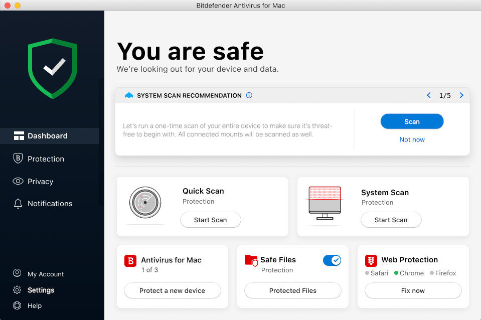 Open Bitdefender on your Mac and check the status panel, where scan controls, web protection, and the bundled VPN sit together.