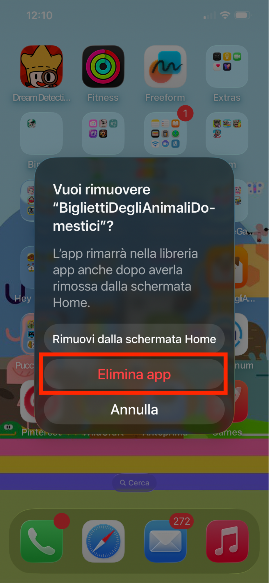 La Libreria App su iPhone e iPad che mostra un’app in fase di eliminazione. Tocca Elimina per confermare la rimozione dell’app sospetta.