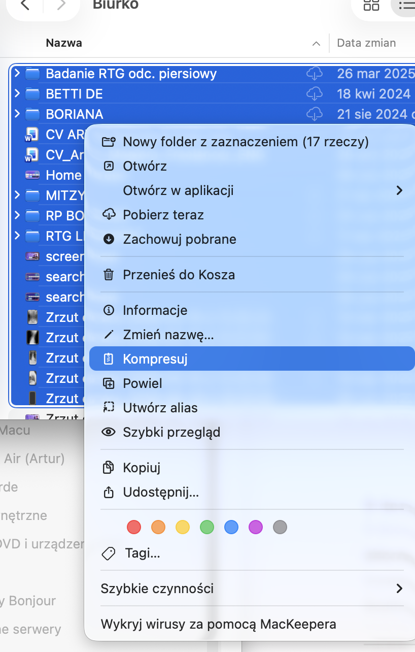 Zaznacz grupę plików, kliknij je prawym przyciskiem myszy i wybierz opcję Kompresuj z wyświetlonego menu.