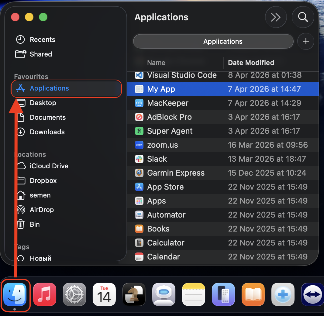 Going to Finder Applications on a Mac to locate the damaged app MyApp is the first step before moving it to the Bin for reinstall.