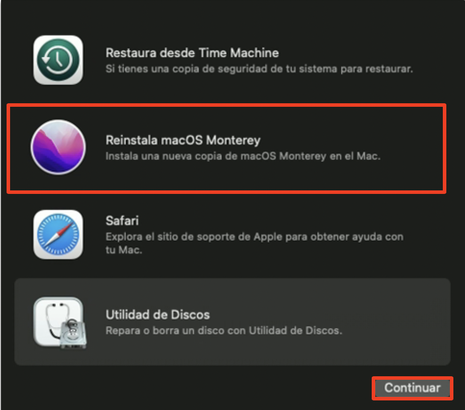 A continuación, selecciona Reinstalar macOS y sigue las indicaciones en pantalla para una instalación nueva, con la esperanza de que esto resuelva cualquier problema de accesorios USB desactivados.