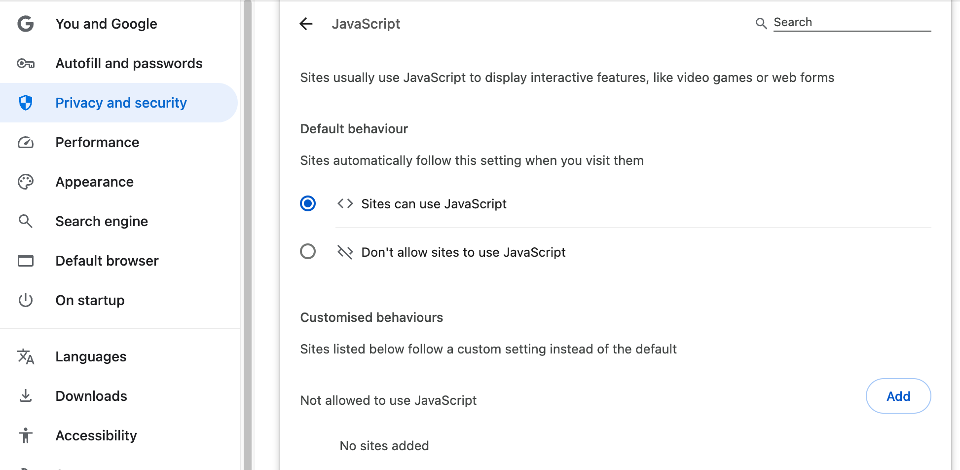 In the 'JavaScript' section of your Chrome settings, look under 'Default behaviour'. Make sure that 'Sites can use JavaScript is enabled'. If it's not, turn it on now.