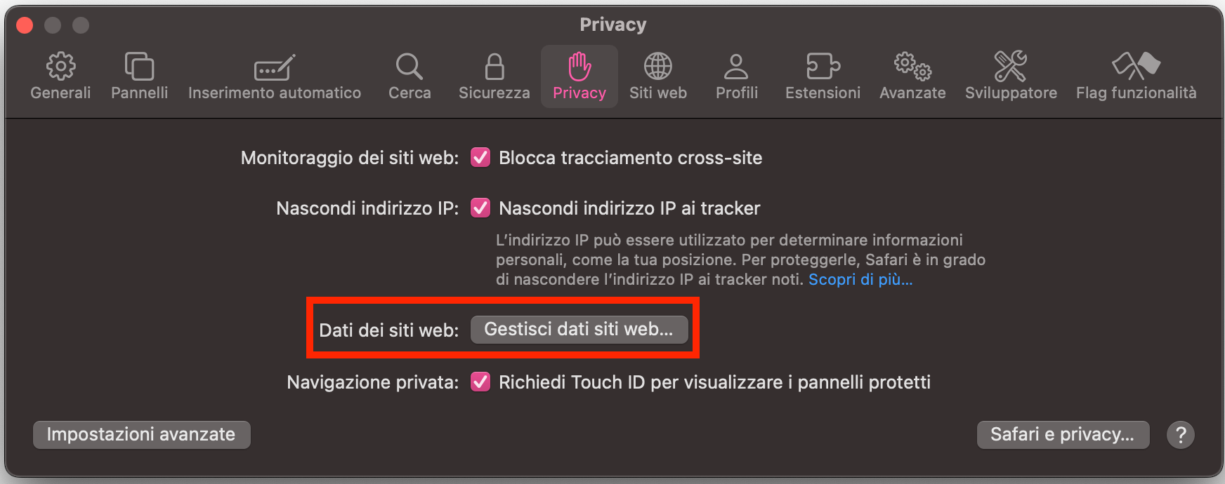 Per cancellare i dati di navigazione in Safari, apri l’opzione Gestisci dati dei siti web dalle Preferenze di Safari e seleziona Rimuovi ora per completare l’eliminazione.