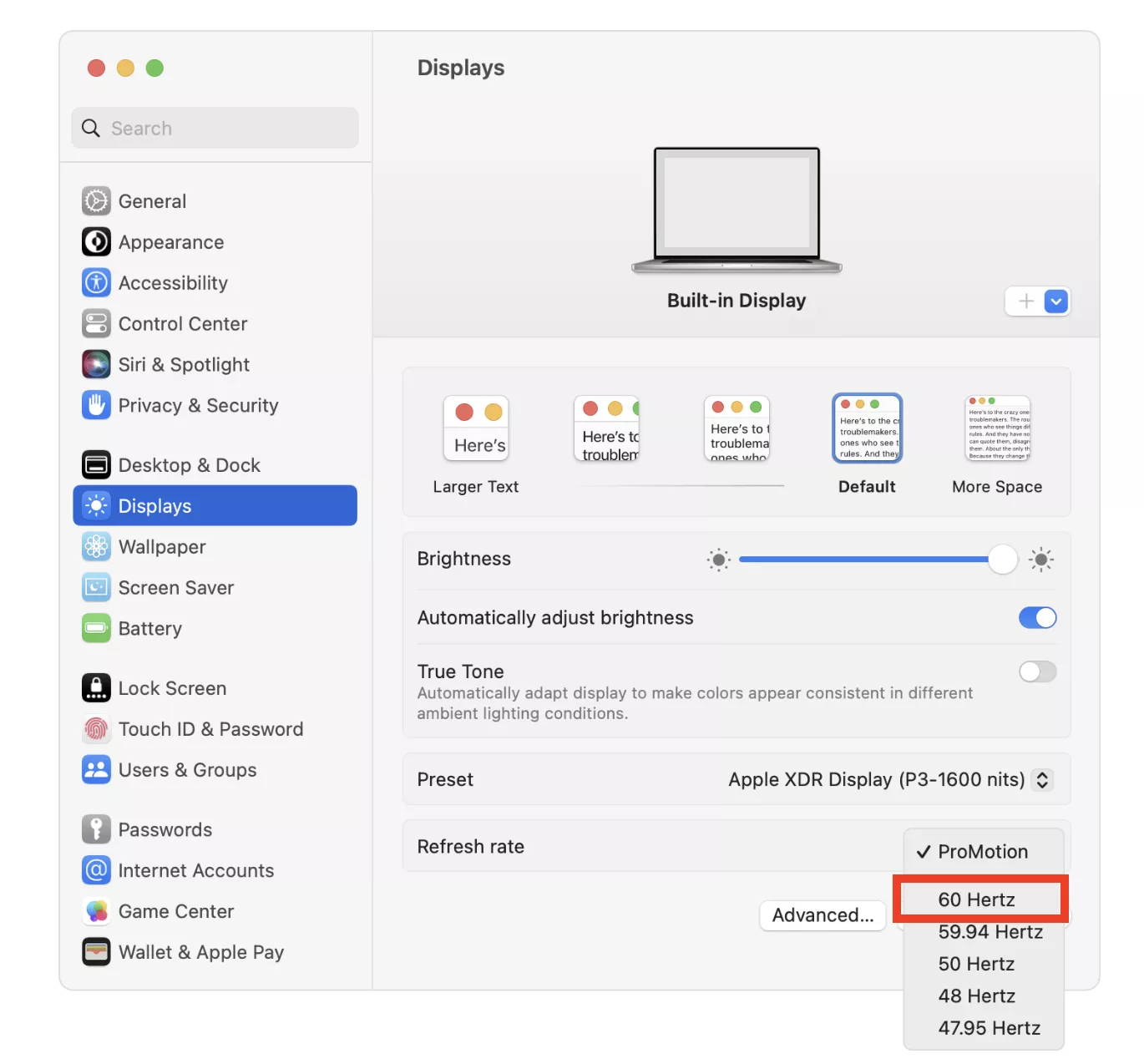System Settings app screenshot on an Apple Silicon MacBook Pro demonstrating how to disable ProMotion on MacBook Pro during WindowServer high memory usage troubleshooting.