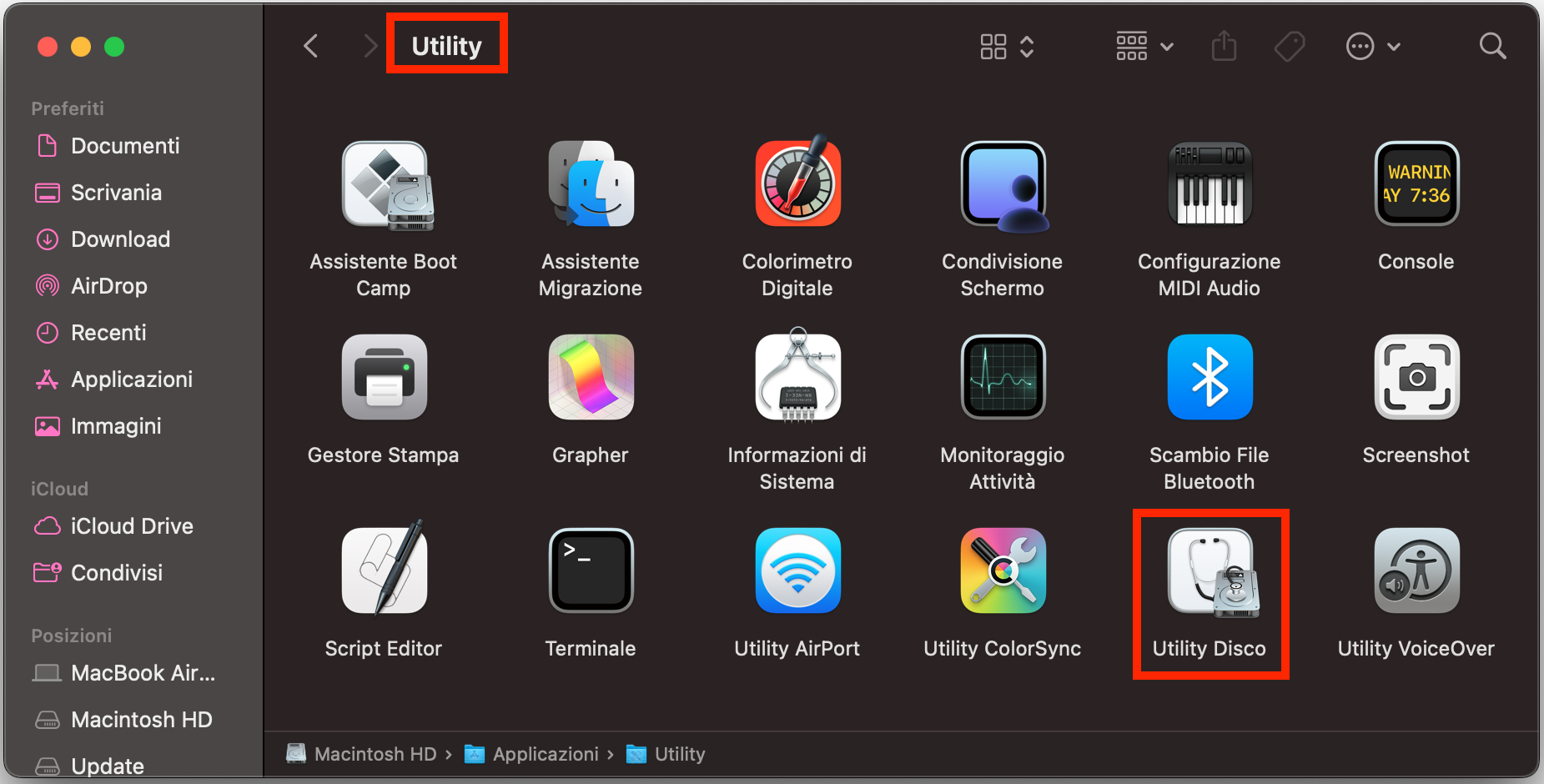 Utility Disco nella cartella Utility su Mac. Se ti stai chiedendo come riparare file danneggiati su Mac, esegui S.O.S. sull’unità con Utility Disco per correggere gli errori.